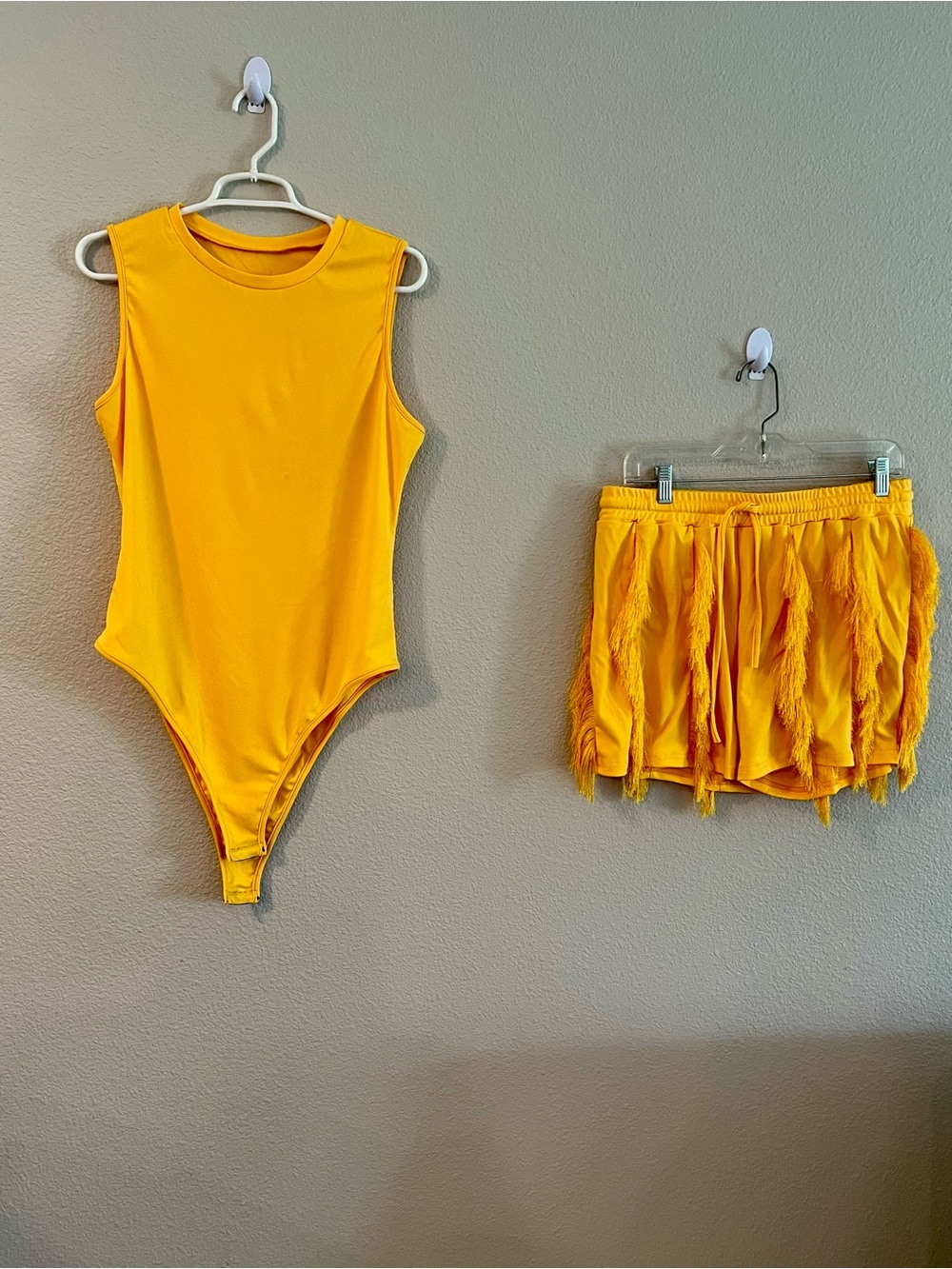 Amazon Yellow Sleeveless Bodysuit with Fringe Shorts